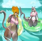 2021 africana anthro big_breasts blonde_hair blue_eyes breast_size_difference breasts clothing curvy_figure duo english_text female fin fish floaty hair haplorhine hi_res highlights_(coloring) huge_breasts lips mammal marine monkey non-mammal_breasts pink_clothing pinky_(svenfire) primate red_lips sea shark shark_tail tail tail_fin text text_on_clothing thick_thighs unknown_character voluptuous water
