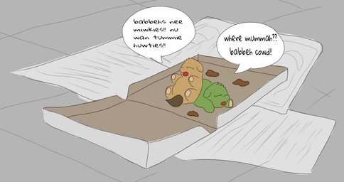 abandoned ambiguous_gender baby_talk box brown_body brown_fur brown_tail container dialogue duo eyes_closed featureless_crotch feces feral fur green_body green_fur lying micro monotone_body monotone_fur newspaper on_front open_mouth pizza_box tail text young young_ambiguous young_feral carpdime fluffy_pony fluffy_pony_(species) mammal digital_media_(artwork) english_text flat_colors