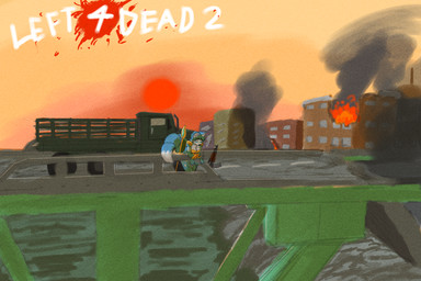 ak-47 ak_platform anthro assault_rifle bridge building building_destruction burning destruction female gun krystal's_staff murky_water orange_sky outside ranged_weapon red_sun rifle sky smoke solo sunset text truck vehicle weapon son_mango left_4_dead_(series) nintendo star_fox valve krystal_(star_fox) canid canine mammal 3:2 hi_res