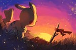 cheek_spots day eyelashes female feral grass light looking_at_object outside paws plant red_cheeks red_scarf scarf sitting sky solo star stick sunset tail yellow_body yellow_tail flavia-elric nintendo pokemon flavia_(flavia-elric) generation_1_pokemon pikachu pokemon_(species) 2018 digital_media_(artwork) hi_res lighting shaded