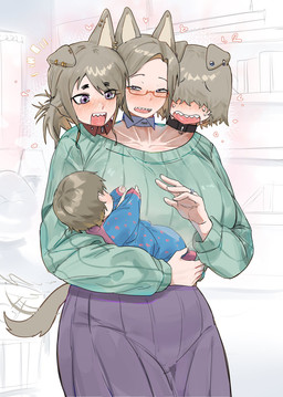 3_heads big_breasts bottomwear breasts brown_hair clothing collar digit_ring duo eyewear female finger_ring glasses hair heart_symbol holding_character inside jewelry lamp multi_head open_mouth red_eyewear red_glasses size_difference skirt smile tail tail_motion tailwag toddler window young young_human maikamiaka haewn_(maikamiaka) phech_(maikamiaka) ploy_(maikamiaka) animal_humanoid canid canid_humanoid canine canine_humanoid dog_humanoid human humanoid mammal mammal_humanoid 2026 digital_media_(artwork) hi_res