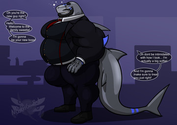 accessory anthro beard belly big_belly big_bulge big_muscles big_pecs big_tail bottomwear bulge clothing collared_shirt dialogue dorsal_fin dress_shirt eyewear facial_hair fin footwear glasses greeting huge_pecs male musclegut muscular muscular_male necktie office pants pecs shirt shoes side_view smile solo suit suspenders tail tail_fin talking_to_viewer text topwear nethgoorat neth_rusiki_azhti aquatic fish shark absurd_res english_text hi_res
