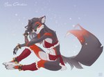 anthro bell black_nose clothing costume female hair holidays inner_ear_fluff long_hair long_tail looking_at_viewer multicolored_body orange_eyes smile snow solo tail tuft winter ansart christmas seris_(pavlos) canid canine canis mammal wolf 4:3 absurd_res hi_res