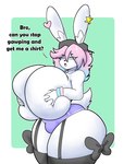 anthro backwards_baseball_cap backwards_hat baseball_cap bell bell_collar big_breasts black_baseball_cap black_clothing black_legwear black_thigh_highs blue_eyes blue_hair bottomwear breast_squish breasts bulge clothed clothing collar covering covering_breasts deep_skin dialogue eye_through_hair eyebrow_through_hair eyebrows fur furgonomic_baseball_cap furgonomic_hat furgonomic_headwear furgonomics gynomorph hair hat headgear headwear hotpants huge_breasts inner_ear_fluff intersex jingle_bell jingle_bell_collar legwear long_ears multicolored_hair open_mouth pink_hair purple_bottomwear purple_clothing purple_hotpants purple_shorts scut_tail short_tail shorts skindentation solo squish tail text thick_thighs thigh_highs topless topless_anthro topless_gynomorph topless_intersex translucent translucent_hair tuft two_tone_hair white_body white_fur quickcast pb_(theycallhimcake) lagomorph leporid mallkin mammal rabbit 2025 digital_drawing_(artwork) digital_media_(artwork) english_description english_text hi_res busty_boy_(lore) male_(lore)
