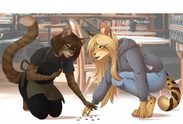 anthro biped blonde_hair bottomwear breasts claws clothed clothed_anthro clothed_female clothing crouching duo feet female fingers fully_clothed fully_clothed_anthro fully_clothed_female fur hair kneeling smile tail teeth toes tongue topwear chaiteakitten domestic_cat felid feline felis mammal hi_res