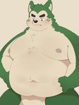 anthro belly big_belly black_nose blush genitals green_body kemono male moobs navel nipples overweight overweight_male penis simple_background solo haoming lifewonders live_a_hero mokdai canid canine canis domestic_dog mammal 2022 3:4 hi_res