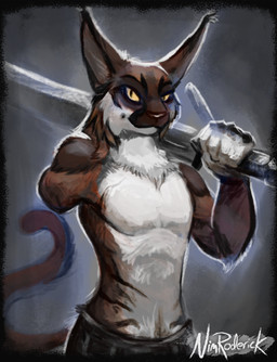 amputee anthro clothed clothing disability holding_melee_weapon holding_object holding_sword holding_weapon looking_at_viewer male melee_weapon partially_clothed pose scar solo standing sword topless weapon weapon_on_shoulder nimroderick halvkatten caracal caracal_(genus) domestic_cat felid feline felis mammal 2017 digital_media_(artwork) hi_res