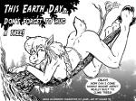 anthro arm_tuft belt bracelet braided_hair breasts dialogue ear_piercing elbow_tuft female forest hair hooves in_tree jewelry looking_at_viewer nipples nude piercing pigtails plant ponytail solo speech_bubble text tree tuft style_wager earth_day musa_blackhoof deer mammal moose new_world_deer 2018 english_text greyscale monochrome