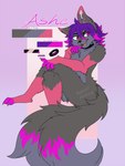 2_tails ambiguous_gender anthro collar fur grey_body grey_fur hair highlights_(coloring) infinity_symbol multi_tail multicolored_body multicolored_fur multicolored_hair multicolored_tail open_mouth pink_body pink_fur pink_highlights purple_hair solo symbol tail knightxayvion ashe_infinity canid canine fox mammal 3:4 absurd_res hi_res