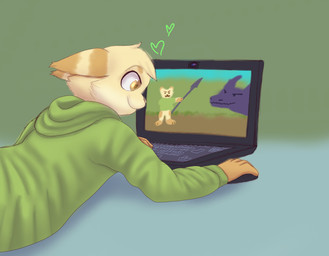 computer electronics laptop lying male playing solo damian5320 jacket_(jacketpd) domestic_cat felid feline felis mammal absurd_res colored_sketch hi_res sketch