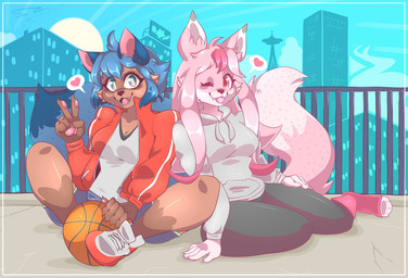 5_fingers anthro ball basketball_(ball) biped blue_clothing blue_hair bottomwear breasts brown_body brown_fur claws cleavage clothed clothing detailed_background duo female fingers footwear fur gesture hair hand_gesture heart_symbol hoodie humanoid_hands jacket long_hair looking_at_viewer one_eye_closed open_mouth outside pawpads pink_body pink_fur pink_hair pink_tail railing red_clothing shirt shoes shorts sitting sneakers sun t-shirt tail tongue tongue_out topwear v_sign white_clothing wink toxikaiju brand_new_animal studio_trigger michiru_kagemori nazuna_hiwatashi canid canine fox mammal raccoon_dog tanuki 2020 digital_media_(artwork) hi_res