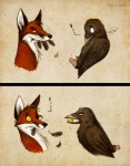 beak blood bodily_fluids dialogue duo exclamation_point feathers feral male payback pictographics smile teeth yellow_eyes culpeofox avian bird canid canine corvid corvus_(genus) fox mammal oscine passerine raven 2010