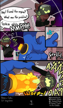 4_panel_comic aaaaa anthro arm_grab ball_bulge big_penis blue_body blue_fur blush blush_lines bodily_fluids cock_vore cum cum_vore dialogue digestion digestion_noises dominant duo excessive_genital_fluids excessive_precum feet_first forced fur genital_fluids genitals green_penis huge_penis hyper hyper_genitalia hyper_penis knot knotted_penis larger_dom locking_door machine male male/male multi_ear multi_eye paw_imprint penile penis precum questionable_consent red_body red_fur science_fiction screaming size_difference spiked_penis spikes spikes_(anatomy) text vore yellow_penis howzit_toyah yeno protogen comic english_text hi_res multiple_scenes