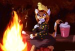 anthro autumn beak campfire camping candy clothed clothing dessert detailed_background female fire fireplace food forest fur hair leaf marshmallow night paws plant simple_background smile solo tree awakeningwind avian domestic_cat felid feline felis mammal digital_media_(artwork)