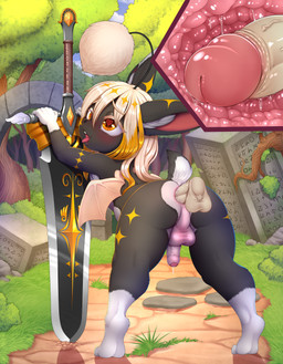 anal anal_penetration anus backsack balls bent_over black_body black_fur blush bodily_fluids butt disembodied_penis duo femboy flaccid foreskin forest fur genital_fluids genitals golden_markings hair heart_eyes heart_symbol internal internal_anal leaking_precum leaning leaning_forward leg_markings long_hair looking_back male male/male male_penetrated male_penetrating male_penetrating_male markings melee_weapon membrane_(anatomy) membranous_wings narrowed_eyes open_mouth penetration penile penile_penetration penis penis_in_ass perineum plant precum raised_tail sex socks_(marking) solo_focus star_(marking) sword tail tongue tongue_out tree weapon white_body white_fur white_hair white_tummy white_wings wings yellow_eyes dankflank final_fantasy square_enix felix_(moogle) mammal moogle absurd_res hi_res