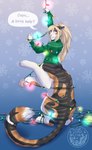 4_toes 5_fingers blonde_hair blue_eyes bound breasts christmas_lights eyebrows eyelashes feet female fingers hair smile solo teeth toes thecatnamedfish patches_(thecatnamedfish) chakat domestic_cat felid felid_taur feline felis mammal mammal_taur taur absurd_res hi_res herm_(lore)