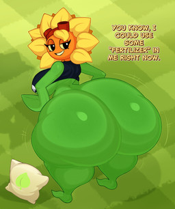 big_breasts big_butt black_eyes bottomless breasts butt clothed clothing eyewear eyewear_on_head female flower goggles goggles_on_head green_body half-closed_eyes huge_butt huge_hips huge_thighs looking_back narrowed_eyes not_furry plant shirt smile solo text thick_thighs topwear wide_hips yellow_sclera fromariels electronic_arts plants_vs._zombies plants_vs._zombies_heroes popcap_games solar_flare_(pvz) elemental_creature elemental_humanoid flora_fauna flower_creature humanoid absurd_res english_text hi_res