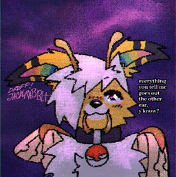 :3 ambiguous_gender antennae_(anatomy) cloud collar countershading feral feral_with_hair glistening glistening_eyes hair pixelated purple_background simple_background sky smile solo text textured wings jackrabbit_(artist) fakemon nintendo pokemon gizmo_(jackrabbit) arthropod eeveelution generation_1_pokemon jolteon pokemon_(species) 2026 chromatic_aberration digital_media_(artwork) english_text hi_res ibispaint_(artwork) shaded signature