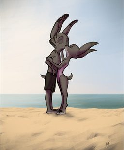 anthro anthro_on_anthro barefoot beach bottomwear clothed clothing duo ear_markings eyes_closed facial_markings feet female fur grey_body grey_fur group head_markings kissing male male/female markings one-piece_swimsuit sand scut_tail sea seaside short_tail shorts striped_body striped_fur stripes sunset swimming_trunks swimwear tail topless topless_anthro topless_male topwear water wulfruna disney zootopia jack_savage judy_hopps lagomorph leporid mammal rabbit hi_res