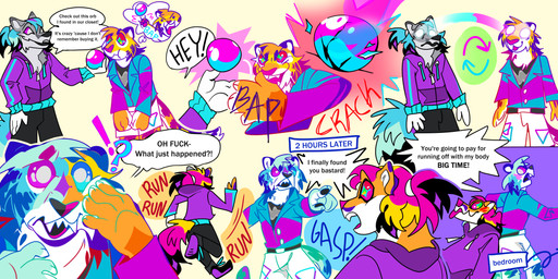 alternate_color bapping blush body_swap clothed clothing confusion cyclical_arrow dialogue directional_arrow duo heterochromia humor magical_transformation male mischievous multicolored_eyes orb playful profanity romantic romantic_couple sound_effects symbol text time_skip railroadrabbit24 cricket_(railroadrabbit24) mystery_(enchantingelysio) canid canine felid fox mammal pantherine tiger absurd_res colorful_theme comic digital_media_(artwork) english_text hi_res