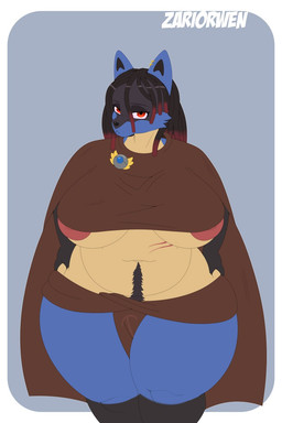 accessory anthro areola belly big_areola big_belly big_breasts black_hair blue_body breasts clothing dreadlocks ear_piercing female hair hand_on_leg hand_on_thigh huge_belly huge_breasts looking_at_viewer multicolored_body multicolored_hair navel overweight piercing pubes red_eyes red_hair robe scar simple_background solo squish thick_thighs white_body wide_hips zariorwen nintendo pokemon edward_(bluedoggie) generation_4_pokemon lucario pokemon_(species) hi_res