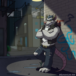 alley anthro bottomwear building city city_background clothing detailed_background fur graffiti graffiti_on_wall grey_body grey_fur male night outside pants solo standing urban ilustratorlatin brok_the_investigator cowcat_games squealers_chief mammal murid murine rat rodent 1:1 2026 absurd_res hi_res