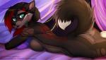 2018 anthro bare_back big_breasts black_body black_fur black_hair black_nose blue_eyes breasts butt canid canine canis curtains detailed_background digital_media_(artwork) dipstick_tail female fur gorsha_pendragon hair jacki_northstar looking_at_viewer lying mammal markings multicolored_tail nude on_front red_body red_fur red_hair side_boob solo tail tail_markings text watermark wolf