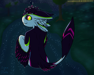 4_ears anthro big_ears black_sclera depth_of_field detailed_background feathers female glistening glistening_water glowing glowing_eyes green_eyes green_markings inner_ear_fluff looking_at_viewer markings moon multi_ear multicolored_pupils night outside pink_markings purple_body raised_tail red_eyes river solo sparkles star stripes tail tuft water water_droplets wet wet_body white_head white_inner_ear_fluff wings isan stellaamoris nezumi_(korivali) avali 5:4 hi_res