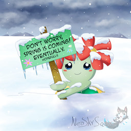 ambiguous_gender blue_eyes cheek_spots closed_smile cloud exclamation_point eyebrows flower green_body holding_object holding_sign in_snow logo mountain mouth_closed outside plant shadow sign sky smile snow solo text winter avengerseraph nintendo pokemon bellossom generation_2_pokemon pokemon_(species) 1:1 2026 artist_logo artist_name english_text hi_res watermark