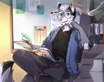 5_fingers anthro clothed clothing detailed_background eyewear fingers glasses male smile solo hihikori canid canine mammal 2018 digital_media_(artwork)