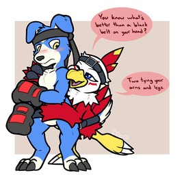 accessory anthro beak blue_body blue_fur blush brown_body brown_feathers duo feathers flirting fur headband hug male male/male shortstack shortstack_male smile text flytermo2 bandai_namco digimon eric_(miau) gale_hawkmon avian canid canine digimon_(species) gaomon hawkmon mammal absurd_res english_text hi_res