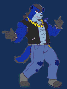 anthro armpit_hair barazoku beard blue_body blue_fur body_hair bracelet chain clothed clothing facial_hair footwear fur jewelry looking_at_viewer male muscular muscular_anthro muscular_male red_eyes smile smiling_at_viewer smirk smirking_at_viewer solo toeless_footwear torn_clothing conditional_dnp kazuhisa_(artist) kemoteto_yakuza_project kazuhisa hyena mammal spotted_hyena 2025 3:4 absurd_res alpha_channel hi_res