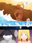 3:4 amber_eyes ambiguous_gender anthro beach bikini black_body black_scales blonde_hair blue_eyes blush bodily_fluids breasts bubble chinese_text clothed clothing comic countershading dorsal_fin duo ellipsis female fin fish gills hair human mammal marine multicolored_body multicolored_scales nod open_mouth outside sand scales sea seaside shark simple_background skimpy smile surprise sweat sweatdrop swimwear text tidal_wave translated two_tone_body two_tone_scales vu06 water wave white_body white_scales