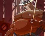 anthro belly big_belly brown_body brown_fur clothing detailed_background fur hat headgear headwear humanoid_hands male musclegut muscular nipples outside overweight overweight_male plant solo tree zhangkuu united_states_forest_service smokey_bear bear mammal 2023 absurd_res hi_res