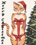 anthro christmas_tree female gift_wrapped holidays plant solo standing tail text tree wwizrd christmas domestic_cat felid feline felis mammal 4:5 absurd_res hi_res watermark