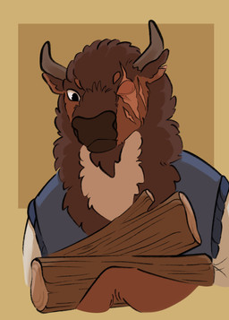 2_horns anthro blue_clothing brown_body brown_fur clothed clothed_anthro clothed_male clothing eye_scar facial_scar fur holding_object horn male male_anthro scar white_body white_fur wood bogcreacher cult_of_the_lamb massive_monster_(studio) bovid bovine mammal 2025 absurd_res digital_drawing_(artwork) digital_media_(artwork) hi_res