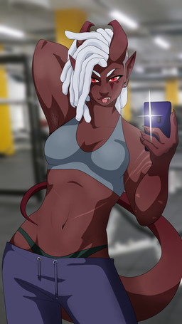 armpit_hair athletic athletic_female athletic_wear bedroom_eyes body_hair bottomwear bra breasts brown_tail clothing dark_body dark_skin dreadlocks fangs female forked_tongue hair horn humanoid_pointy_ears medium_breasts nails narrowed_eyes not_furry pants pointy_ears pubes red_eyes sagging_pants scar seductive sharp_nails solo sports_bra suggestive sweatpants tail teeth tongue underwear white_hair erroremma dungeons_and_dragons hasbro wizards_of_the_coast vixi_(erroremma) humanoid tiefling 9:16 absurd_res hi_res
