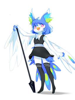 4_fingers anthro blue_hair clothing dress feathers female fingers fur hair inner_ear_fluff legwear melee_weapon multicolored_body multicolored_feathers multicolored_hair open_mouth pink_eyes polearm simple_background solo spear tuft weapon white_background white_body white_fur aishasoup perico avian bird 3:4 absurd_res hi_res