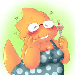 anthro belly blush breasts buckteeth cake cleavage clothed clothing cutlery dessert dress eating eyewear female food fork glasses happy heart_symbol kitchen_utensils non-mammal_breasts shortstack shortstack_female slightly_chubby slightly_chubby_anthro slightly_chubby_female smile solo tail teeth thick_tail tools yellow_body yellow_skin alpi undertale undertale_(series) alphys lizard reptile scalie 1:1 2018 archived_source