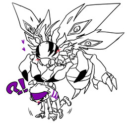 carrying_another duo feral flying heart_symbol interrobang male mandibles wings bakamaokun bandai_namco digimon digimon_survive ryou_tominaga arthropod digimon_(species) flymon human insect mammal monster hi_res