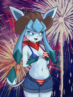 american_flag american_flag_bikini american_flag_clothing american_flag_underwear anthro anthrofied bikini bikini_bottom bikini_top blue_body blush blush_lines bottomwear breast_grab breasts clothed clothing cowboy_hat denim denim_bottomwear denim_clothing denim_shorts female fireworks flag flag_bikini flag_print flag_swimwear hand_on_breast hat headgear headwear holding_breast holidays kerchief looking_at_viewer multicolored_body navel navel_outline open_mouth pokemorph print_clothing red_kerchief shorts simple_background small_breasts smile smiling_at_viewer solo swimwear tail teeth topwear two-piece_swimsuit united_states_of_america unzipped unzipped_pants visible_underwear zipper luzarte nintendo pokemon eeveelution generation_4_pokemon glaceon mammal pokemon_(species) 3:4 digital_media_(artwork) hi_res