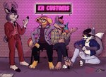 alley anthro bench brick_wall city clothing eyewear glasses group male male/male neon_sign night paws sign suit sunglasses wall_(structure) garf_of_finland kon_shearo bird_dog canid canine canis coyote deer domestic_dog fox golden_retriever hunting_dog mammal retriever hi_res