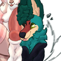 ambiguous_gender animal_genitalia anthro arm_warmers armwear big_penis blep breasts clothing duo erection fur genitals green_body green_eyes gynomorph happy heart_symbol intersex intersex/intersex knot knotted_penis leaning leaning_backward legwear nuzzling one_eye_closed penis presenting presenting_penis pressed_against_penis red_penis sheath small_breasts sweatshirt tail tail_motion tailwag thigh_highs tongue tongue_out white_body wink muskysaber canid canine canis coyote mammal wolf trans_(lore) trans_woman_(lore)