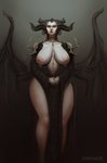 areola big_breasts black_horn blue_eyes breasts clasped_hands clothing female front_view horn light_body light_skin navel nipples not_furry pink_areola pink_nipples simple_background small_waist solo standing wide_hips wings shinyglute blizzard_entertainment diablo lilith_(diablo) demon humanoid 2019 digital_media_(artwork) hi_res portrait three-quarter_portrait