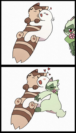 2_panel_comic =w= ambiguous_gender anthro black_border blush blush_lines border brown_body brown_fur claws cuddling diamond_(marking) eyes_closed facial_markings feral fur gloves_(marking) green_body green_fur group head_markings heart_symbol jealous kemono lying markings motion_lines multicolored_body multicolored_fur narrowed_eyes on_back on_side open_mouth pawpads paws ring_(marking) short_tail side_hug simple_background tail tan_body tan_fur trio tuft two_tone_body two_tone_fur white_background ke_mo_suke nintendo pokemon anon felid feline floragato furret generation_2_pokemon generation_9_pokemon human mammal mustelid pokemon_(species) 2025 4:7 absurd_res colored comic digital_media_(artwork) hi_res shaded simple_shading