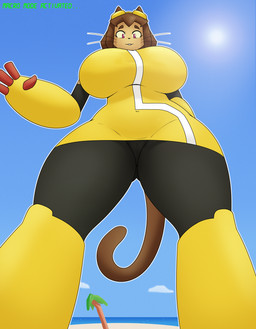 anthro big_breasts breasts brown_eyebrows brown_hair brown_tail clothed clothed_anthro clothed_female clothing day eyebrows female female_anthro hair low-angle_view macro navel_outline outside palm_tree plant sand sea solo tail thick_thighs tree water whiskers wide_hips r-rova gameoverse glitch_productions kit_bodega domestic_cat felid feline felis mammal 2026 absurd_res digital_media_(artwork) hi_res