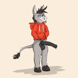 animal_genitalia animal_penis anthro balls big_penis bodily_fluids bottomless bottomless_male clothed clothing equine_genitalia equine_penis erection genitals grey_body grin half-closed_eyes hand_in_pocket hoodie hooves male narrowed_eyes no_underwear nude penis pockets simple_background smile solo standing tail tail_tuft tongue tongue_out topwear tuft conditional_dnp tinnier asinus donkey equid equine mammal 1:1 hi_res