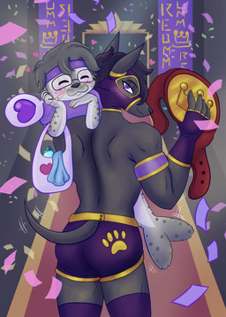 black_body black_fur blush blush_lines boxers_(clothing) celebration clothing duo fingerless_gloves from_front_position fur gloves handwear male male/male markings mask muscular muscular_male spots spotted_body spotted_fur tail tail_motion tailwag underwear victory_position wearing_mask whiskers wrestler reomm fan_character aquatic canid canine canis humanoid jackal mammal pinniped seal spotted_seal absurd_res hi_res