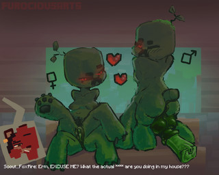 animal_genitalia animal_penis anthro anus balls big_balls big_butt breasts butt claws equine_balls equine_genitalia equine_penis female femboy genitals glowing glowing_eyes green_body group heart_symbol humor inviting_to_sex male male/female pawpads penis puffy_anus quadruped red_eyes short_tail sitting small_breasts tail text trio vulva furociousarts microsoft minecraft mojang xbox_game_studios scout_foxfire creeper_(minecraft) english_text