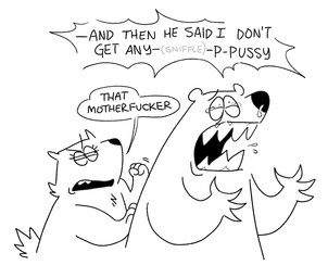 angry anthro bodily_fluids crying dialogue duo female fist male snot tears text twistcmyk twist_(twistcmyk) bear mammal black_and_white english_text monochrome
